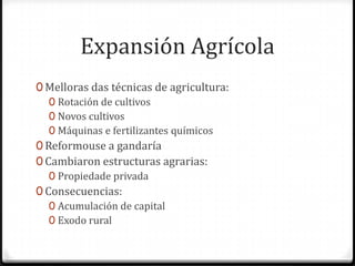 Expansión Agrícola
0 Melloras das técnicas de agricultura:
   0 Rotación de cultivos
   0 Novos cultivos
   0 Máquinas e fertilizantes químicos
0 Reformouse a gandaría
0 Cambiaron estructuras agrarias:
   0 Propiedade privada
0 Consecuencias:
   0 Acumulación de capital
   0 Exodo rural
 