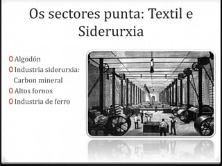 Os sectores punta: Textil e
              Siderurxia
0 Algodón
0 Industria siderurxia:
 Carbon mineral
0 Altos fornos
0 Industria de ferro
 