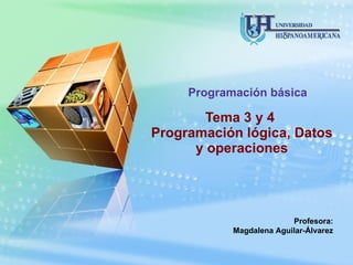 Tema 3 y 4  Programación lógica, Datos y operaciones Programación básica Profesora: Magdalena Aguilar-Álvarez 