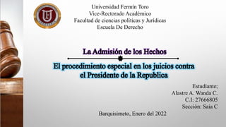 Universidad Fermín Toro
Vice-Rectorado Académico
Facultad de ciencias políticas y Jurídicas
Escuela De Derecho
Estudiante;
Alastre A. Wanda C.
C.I: 27666805
Sección: Saia C
Barquisimeto, Enero del 2022
 