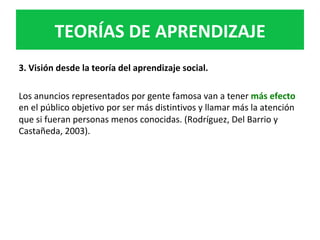 3.	Visión	desde	la	teoría	del	aprendizaje	social.		
	
Los	anuncios	representados	por	gente	famosa	van	a	tener	más	efecto	
en	el	público	objetivo	por	ser	más	distintivos	y	llamar	más	la	atención	
que	si	fueran	personas	menos	conocidas.	(Rodríguez,	Del	Barrio	y	
Castañeda,	2003).		
	
TEORÍAS	DE	APRENDIZAJE	
 