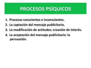1.  Procesos	conscientes	e	inconscientes.		
2.  La	captación	del	mensaje	publicitario.		
3.  La	modificación	de	actitudes:	creación	de	interés.		
4.  La	aceptación	del	mensaje	publicitario:	la	
persuasión.		
	
PROCESOS	PSÍQUICOS	
 