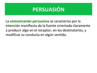 La	comunicación	persuasiva	se	caracteriza	por	la	
intención	manifiesta	de	la	fuente	orientada	claramente	
a	producir	algo	en	el	receptor,	en	los	destinatarios,	y	
modificar	su	conducta	en	algún	sentido.	
	
	
PERSUASIÓN	
 