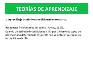 1.	Aprendizaje	asociativo:	condicionamiento	clásico.	
	
Respuestas	involuntarias	del	sujeto	(Pávlov,	1927).		
Cuando	un	estímulo	incondicionado	(EI)	por	sí	mismo	es	capaz	de	
provocar	una	determinada	respuesta	“no	voluntaria”	o	respuesta	
incondicionada	(RI).		
	
TEORÍAS	DE	APRENDIZAJE	
 