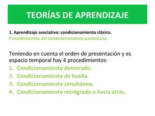1.	Aprendizaje	asociativo:	condicionamiento	clásico.	
Procedimientos	del	condicionamiento	pauloviano.		
	
Teniendo	en	cuenta	el	orden	de	presentación	y	es	
espacio	temporal	hay	4	procedimientos:		
1.  Condicionamiento	demorado.	
2.  Condicionamiento	de	huella.	
3.  Condicionamiento	simultáneo.	
4.  Condicionamiento	retrógrado	o	hacia	atrás.		
TEORÍAS	DE	APRENDIZAJE	
 