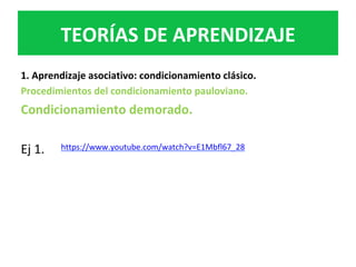 1.	Aprendizaje	asociativo:	condicionamiento	clásico.	
Procedimientos	del	condicionamiento	pauloviano.		
Condicionamiento	demorado.	
	
Ej	1.		
TEORÍAS	DE	APRENDIZAJE	
https://www.youtube.com/watch?v=E1Mbfl67_28		
 