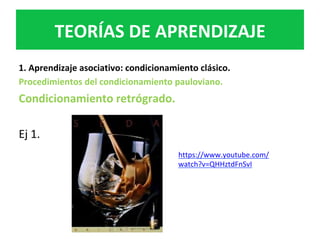 1.	Aprendizaje	asociativo:	condicionamiento	clásico.	
Procedimientos	del	condicionamiento	pauloviano.		
Condicionamiento	retrógrado.	
	
Ej	1.		
TEORÍAS	DE	APRENDIZAJE	
https://www.youtube.com/
watch?v=QHHztdFnSvI		
 