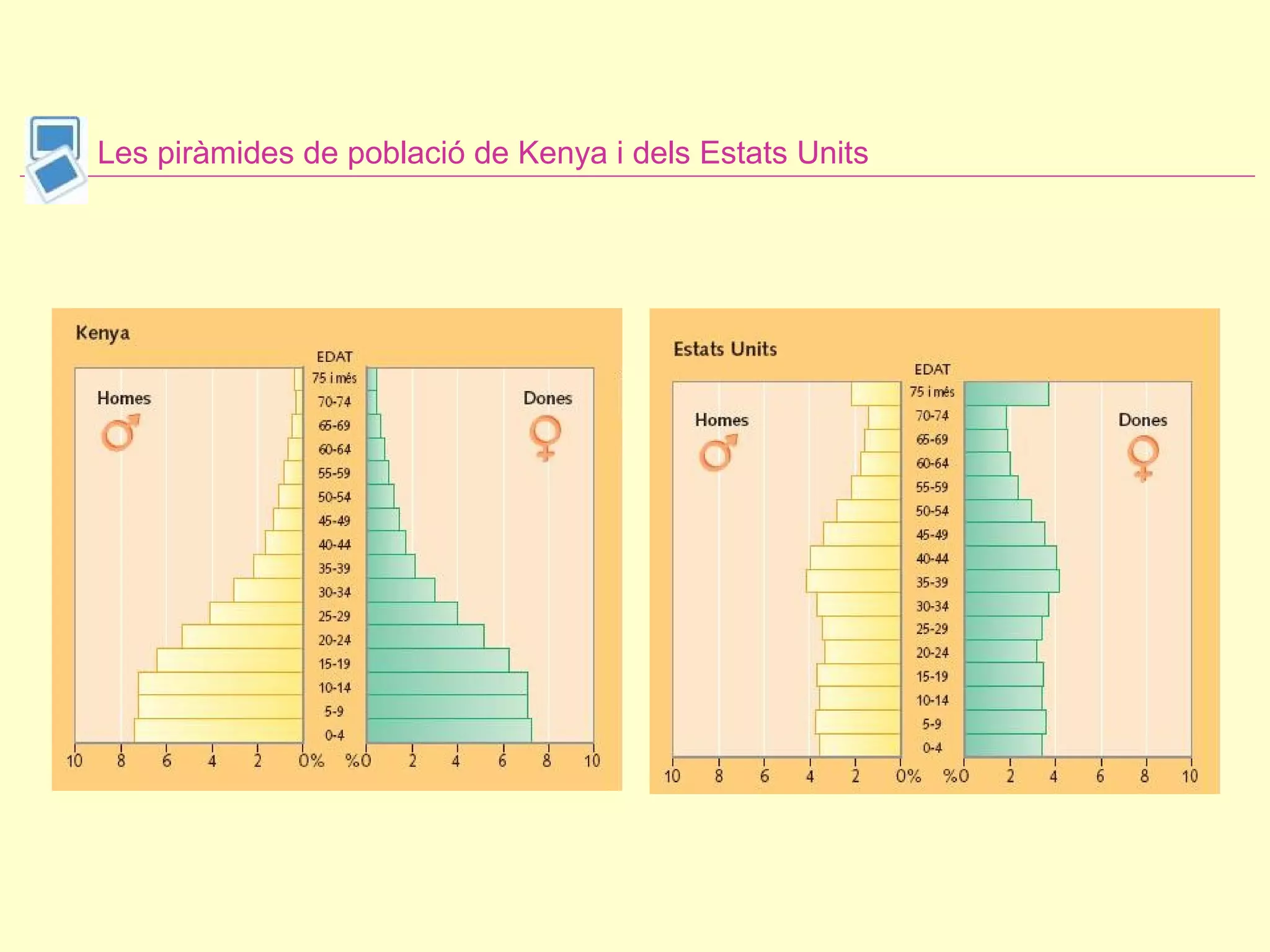Les piràmides de població de Kenya i dels Estats Units 