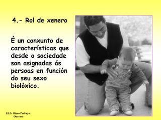 4.- Rol de xenero


    É un conxunto de
    características que
    desde o sociedade
    son asignadas ás
    persoas en función
    do seu sexo
    biolóxico.



I.E.S. Otero Pedrayo.
       Ourense
 