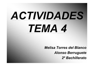 ACTIVIDADES
  TEMA 4
     Melisa Torres del Blanco
           Alonso Berruguete
               2º Bachillerato
 