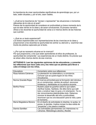 la importancia de crear oportunidades significativas de aprendizaje que, por un
lado, estén situadas y, por el otro, sean viables.


• ¿Cuál es la importancia de “recrear o representar” las situaciones o momentos
relevantes de la vida en el aula?
Parece dar la oportunidad de considerar en profundidad un breve momento de lo
que se esta viendo en la clase y de sacar conclusiones. El proceso narrativo
ofrece a los docentes la oportunidad de verse a sí mismos dentro de las historias
que cuentan.


• ¿Qué es un texto experiencial?
Los textos experienciales son representaciones de las vivencias en la clase y
proporcionan a los docentes la oportunidad de centrar su atención y examinar ese
trocito de práctica capturado por el texto.


• ¿Por qué es necesario situarse en la vivencia?
Por que proporciona, a los que están aprendiendo el oficio de profesores, la
oportunidad de comprender sus experiencias de un modo distinto. Es preciso que
se sitúen ellos mismos dentro de esa vivencia.

ACTIVIDAD 8. Leer las siguientes opiniones de las educadoras, y comentar
las reflexiones que hace cada una y los retos que se plantea para llevar a
cabo el trabajo con los niños.

Educadora:                   Comentario sobre sus reflexiones:
Rosa Adriana Cárdenas        La planeación es sistemática y a conciencia.
                             Conocer que se quiere lograr en los niños.
                             Actualizarse,
Norma Graciela Rojas         El nivel es primordial para la formación del individuo,
                             es un compromiso, cambio de actitud, reconocer
                             fortaleces y debilidades en la práctica docente.
Bertha Perea                 Nuestro papel es guiarlos sobre lo que saben,
                             clarificar dudas, hipótesis. De ellos tiene que salir
                             todo y construir bajo mi guía y mi orientación. Ya no
                             dar conocimientos platicándoles todo. Debemos
                             conocer el desarrollo del niño a profundidad,
                             reconocer que es una educación para la vida y para
                             el momento.
María Magdalena Moreno       En el diseño de actividades tú diseñas, tú quitas, tú
                             pones, tú decides. Implica romper la idea solida de
                             “proyectos” y los pasos a realizar.
Dianira Santillan            Las actividades permanentes con intensiones no
                             rutinarias. Metodología abierta y flexible
 