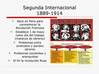 Segunda Internacional 1889-1914 Nace en Paris para conmemorar la Revolución Francesa Establece 1 de mayo como día del trabajo (matanza de obreros) Problemas entre sindicatos y paridos obreros Problemas socialistas y anarquistas El fin la revolución Rusa 