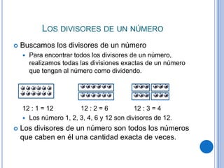 Los divisores de un númeroBuscamos los divisores de un númeroPara encontrar todos los divisores de un número, realizamos todas las divisiones exactas de un número que tengan al número como dividendo. 12 : 1 = 12 12 : 2 = 6 12 : 3 = 4Los número 1, 2, 3, 4, 6 y 12 son divisores de 12.Los divisores de un número son todos los números que caben en él una cantidad exacta de veces.