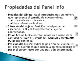 Medidas del Objeto: Aquí introduciremos un número que represente el tamaño de nuestro objeto An: hace referencia a la anchura Al:hace referencia a la altura.Situación del objeto: Posicióndel objeto en el escenario. La X y la Y representan el eje de coordenadas.Color Actual: Indica el color actual en función de la cantidad de Rojo (R), Verde (V), Azul (A) y efecto Alfa (Alfa) que contenga.Posición del Cursor: Indica la posición del cursor. Es útil por si queremos que suceda algo en la película al pasar el cursor justo por una posición determinada.Propiedades del Panel Info