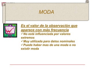 MODA

Es el valor de la observación que
aparece con más frecuencia
No está influenciada por valores
extremos
Muy utilizada para datos nominales
Puede haber mas de una moda o no
existir moda
 