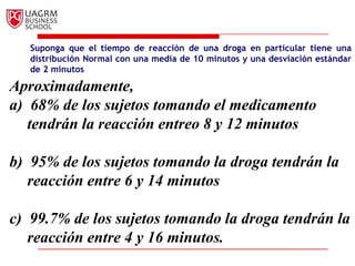 Suponga que el tiempo de reacción de una droga en particular tiene una
   distribución Normal con una media de 10 minutos y una desviación estándar
   de 2 minutos

Aproximadamente,
a) 68% de los sujetos tomando el medicamento
   tendrán la reacción entreo 8 y 12 minutos

b) 95% de los sujetos tomando la droga tendrán la
   reacción entre 6 y 14 minutos

c) 99.7% de los sujetos tomando la droga tendrán la
   reacción entre 4 y 16 minutos.
 