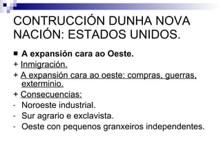 CONTRUCCIÓN DUNHA NOVA NACIÓN: ESTADOS UNIDOS. A expansión cara ao Oeste. +  Inmigración. +  A expansión cara ao oeste: compras, guerras, exterminio. +  Consecuencias: Noroeste industrial. Sur agrario e exclavista. Oeste con pequenos granxeiros independentes. 