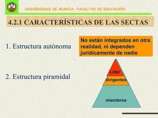 4.2.1 CARACTERÍSTICAS DE LAS SECTAS 1. Estructura autónoma 2. Estructura piramidal No están integrados en otra realidad, ni dependen jurídicamente de nadie miembros dirigentes Líder 