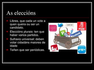 As eleccións Libres, que cada un vote a quen queira ou ser un candidato. Eleccións plurais: ten que haber varios partidos. Sufraxio universal: deben votar cidadáns maiores de idade Teñen que ser periódicas. 