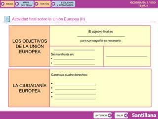 Actividad final sobre la Unión Europea (II) Garantiza cuatro derechos: LA CIUDADANÍA EUROPEA Se manifiesta en: El objetivo final es para conseguirlo es necesario LOS OBJETIVOS DE LA UNIÓN EUROPEA 