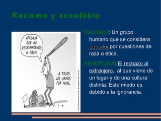 R ac is mo y xe nofobia
                  RACISMO: Un grupo
                   humano que se considera
                   superior por cuestiones de
                   raza o ética.
                  XENOFOBIA: El rechazo al
                   extranjero, al que viene de
                   un lugar y de una cultura
                   distinta. Este miedo es
                   debido a la ignorancia.
 