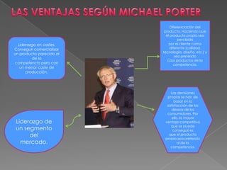 Diferenciación del
                           producto. Haciendo que
                            el producto propio sea
                                    percibido
  Liderazgo en costes.        por el cliente como
Conseguir comercializar        diferente (calidad,
                          tecnología, diseño, etc.) y
un producto parecido al
                                  sea preferido
         de la
                             a los productos de la
competencia pero con             competencia.
   un menor coste de
      producción.




                              Las decisiones
                            propias se han de
                                basar en la
                            satisfacción de los
                              deseos de los
                            consumidores. Por
                              ello, la mayor
 Liderazgo de              ventaja competitiva
                              que se puede
 un segmento                   conseguir es
      del                    que el producto
                           propio sea preferido
   mercado.                       al de la
                              competencia.
 