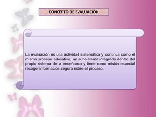 CONCEPTO DE EVALUACIÓN




La evaluación es una actividad sistemática y continua como el
mismo proceso educativo, un subsistema integrado dentro del
propio sistema de la enseñanza y tiene como misión especial
recoger información segura sobre el proceso.
 