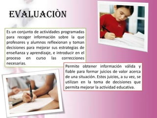 EVALUACIÒN
Es un conjunto de actividades programadas
para recoger información sobre la que
profesores y alumnos reflexionan y toman
decisiones para mejorar sus estrategias de
enseñanza y aprendizaje, e introducir en el
proceso en curso las correcciones
necesarias.
                                Permite obtener información válida y
                                fiable para formar juicios de valor acerca
                                de una situación. Estos juicios, a su vez, se
                                utilizan en la toma de decisiones que
                                permita mejorar la actividad educativa.
 
