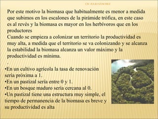 CIC JULIO SÁNCHEZ


  Por este motivo la biomasa que habitualmente es menor a medida
  que subimos en los escalones de la pirámide trófica, en este caso
  es al revés y la biomasa es mayor en los herbívoros que en los
  productores
  Cuando se empieza a colonizar un territorio la productividad es
  muy alta, a medida que el territorio se va colonizando y se alcanza
  la estabilidad la biomasa alcanza un valor máximo y la
  productividad es mínima.
  .
•En un cultivo agrícola la tasa de renovación
sería próxima a 1.
•En un pastizal sería entre 0 y 1.
•En un bosque maduro sería cercana al 0.
•Un pastizal tiene una estructura muy simple, el
tiempo de permanencia de la biomasa es breve y
su productividad es alta
 