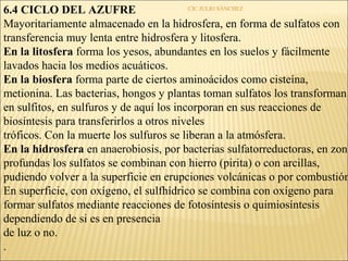 6.4 CICLO DEL AZUFRE                      CIC JULIO SÁNCHEZ

Mayoritariamente almacenado en la hidrosfera, en forma de sulfatos con
transferencia muy lenta entre hidrosfera y litosfera.
En la litosfera forma los yesos, abundantes en los suelos y fácilmente
lavados hacia los medios acuáticos.
En la biosfera forma parte de ciertos aminoácidos como cisteína,
metionina. Las bacterias, hongos y plantas toman sulfatos los transforman
en sulfitos, en sulfuros y de aquí los incorporan en sus reacciones de
biosíntesis para transferirlos a otros niveles
tróficos. Con la muerte los sulfuros se liberan a la atmósfera.
En la hidrosfera en anaerobiosis, por bacterias sulfatorreductoras, en zona
profundas los sulfatos se combinan con hierro (pirita) o con arcillas,
pudiendo volver a la superficie en erupciones volcánicas o por combustión
En superficie, con oxígeno, el sulfhídrico se combina con oxígeno para
formar sulfatos mediante reacciones de fotosíntesis o quimiosíntesis
dependiendo de si es en presencia
de luz o no.
.
 
