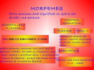MORFEMES
        Parts mínimes amb significat en què es pot
        dividir una paraula.
                                                 MORFEMA
                                                GRAMATICAL
  MORFEMA LÈXIC
    O LEXEMA
                                            FLEXIUS         MENJ-AVA
                                              S'afegeixen després del
   MAR, SUBMARÍ, SUBMARINISTA, MAREJOL        lexema i aporten informació
                                              de gènera, nombre, persona
                                              temps, ...
 queste paraules contenen uns sons que es
 peteixen (MAR). De cada un d'aquests sons DERIVATIUS
n deim lexema o morfema lèxic, i constitueixen
a “marca de família”, perquè apareixen en totes
                                             Aporten una nova construcció
 s paraules de la mateixa família
                                                     SUB - MARÍ
                                                                     12
 