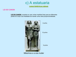 c) A estatuaria
Mikerinos e a súa muller
2 puños
10 puños
6 puños
LEI DO CANON:LEI DO CANON: consiste en usar unhas medidas fixas para as diferentes
partes do corpo coa finalidade de manter unha certa proporcionalidade.
CARACTERÍSTICAS XERAISCARACTERÍSTICAS XERAIS
LEI DO CANON
 