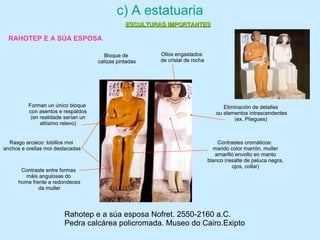 Rahotep e a súa esposa Nofret. 2550-2160 a.C.
Pedra calcárea policromada. Museo do Cairo.Exipto
Bloque de
calizas pintadas
Forman un único bloque
con asentos e respaldos
(en realidade serían un
altísimo relevo)
Contraste entre formas
máis angulosas do
home frente a redondeces
da muller
Rasgo arcaico: tobillos moi
anchos e orellas moi destacadas
Contrastes cromáticos:
marido color marrón, muller
amarillo envolto en manto
blanco (resalte de peluca negra,
ojos, collar)
Ollos engastados
de cristal de rocha
Eliminación de detalles
ou elementos intrascendentes
(ex. Pliegues)
c) A estatuaria
RAHOTEP E A SÚA ESPOSA
ESCULTURAS IMPORTANTESESCULTURAS IMPORTANTES
 