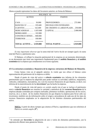 ECONOMÍA Y ORG. DE EMPRESAS

LA ESTRUCTURA ECONOMICO FINANCIERA DE LA EMPRESA

Ahora se puede representar los datos del Inventario anterior, en forma de Balance:
BALANCE AL ………
ACTIVO
CAJA ………………… 30.000
BANCOS C/C ………… 195.600
CLIENTES ................... 162.400
MERCADERIAS …… 1.055.000
MOBILIARIO ………… 182.000
CONSTRUCCIONES … 800.000
TERRENOS ………… 100.000
-----------TOTAL ACTIVO … 2.525.000

PASIVO
PROVEEDORES………………. .. 275.000
DEUDAS CON ENTIDADES
DE CREDITO A LARGO PLAZO… 250.000
CAPITAL ………………………… 2.000.000

TOTAL PASIVO ……………

-----------2.525.000

Es muy importante observar que la suma total del Activo ha de ser siempre igual a la suma
total del Pasivo y patrimonio neto.
El Balance, al reflejar la situación patrimonial de la empresa en un momento determinado,
es un documento que tiene una importancia fundamental para el análisis financiero y el análisis
económico de la empresa que estudiaremos en el tema siguiente.

4.9. La estructura económica y financiera de la empresa: estructura del Balance de Situación.
Como hemos visto en el epígrafe anterior, la visión que nos ofrece el balance como
representación del patrimonio de la empresa es doble:
Desde el punto de vista del activo o criterio económico nos informa de los elementos
patrimoniales que la empresa ha adquirido para poder realizar su actividad, (edificios, maquinaria,
vehículos, ordenadores, mercaderías, etc.) con los recursos financieros de que dispone, es decir, nos
informa de la materialización de las inversiones3 que ha hecho la empresa.
Desde el punto de vista del pasivo en sentido amplio (en el que se incluye el patrimonio
neto) o criterio financiero nos muestra la variedad y naturaleza de los recursos financieros de la
empresa (deudas contraídas por compras realizadas, préstamos recibidos, aportaciones de los socios,
reservas, etc.), es decir, de los medios financieros de que dispone la empresa para llevar cabo sus
inversiones; también nos da información sobre el origen o procedencia de cada uno de los tipos de
recursos financieros empleados en la adquisición de los distintos elementos patrimoniales del
activo.
NOTA: A partir de ahora siempre que citemos el Pasivo, supondremos que nos referimos al
Pasivo en sentido amplio (P )

3

Se entiende por Inversión la adquisición de uno o varios de elementos patrimoniales, con la
esperanza de obtener unas ganancias futuras.
14

PROGRAMA DE CONTENIDOS COMUNES

 