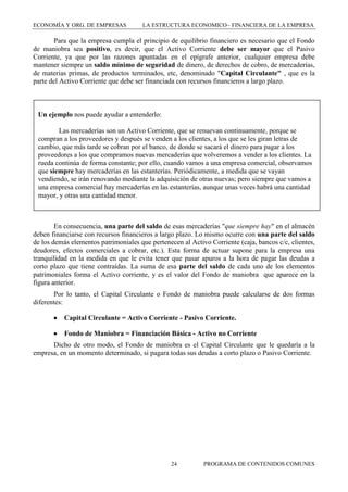 ECONOMÍA Y ORG. DE EMPRESAS

LA ESTRUCTURA ECONOMICO FINANCIERA DE LA EMPRESA

Para que la empresa cumpla el principio de equilibrio financiero es necesario que el Fondo
de maniobra sea positivo, es decir, que el Activo Corriente debe ser mayor que el Pasivo
Corriente, ya que por las razones apuntadas en el epígrafe anterior, cualquier empresa debe
mantener siempre un saldo mínimo de seguridad de dinero, de derechos de cobro, de mercaderías,
de materias primas, de productos terminados, etc, denominado "Capital Circulante" , que es la
parte del Activo Corriente que debe ser financiada con recursos financieros a largo plazo.

Un ejemplo nos puede ayudar a entenderlo:
Las mercaderías son un Activo Corriente, que se renuevan continuamente, porque se
compran a los proveedores y después se venden a los clientes, a los que se les giran letras de
cambio, que más tarde se cobran por el banco, de donde se sacará el dinero para pagar a los
proveedores a los que compramos nuevas mercaderías que volveremos a vender a los clientes. La
rueda continúa de forma constante; por ello, cuando vamos a una empresa comercial, observamos
que siempre hay mercaderías en las estanterías. Periódicamente, a medida que se vayan
vendiendo, se irán renovando mediante la adquisición de otras nuevas; pero siempre que vamos a
una empresa comercial hay mercaderías en las estanterías, aunque unas veces habrá una cantidad
mayor, y otras una cantidad menor.

En consecuencia, una parte del saldo de esas mercaderías "que siempre hay" en el almacén
deben financiarse con recursos financieros a largo plazo. Lo mismo ocurre con una parte del saldo
de los demás elementos patrimoniales que pertenecen al Activo Corriente (caja, bancos c/c, clientes,
deudores, efectos comerciales a cobrar, etc.). Esta forma de actuar supone para la empresa una
tranquilidad en la medida en que le evita tener que pasar apuros a la hora de pagar las deudas a
corto plazo que tiene contraídas. La suma de esa parte del saldo de cada uno de los elementos
patrimoniales forma el Activo corriente, y es el valor del Fondo de maniobra que aparece en la
figura anterior.
Por lo tanto, el Capital Circulante o Fondo de maniobra puede calcularse de dos formas
diferentes:
Capital Circulante = Activo Corriente - Pasivo Corriente.
Fondo de Maniobra = Financiación Básica - Activo no Corriente
Dicho de otro modo, el Fondo de maniobra es el Capital Circulante que le quedaría a la
empresa, en un momento determinado, si pagara todas sus deudas a corto plazo o Pasivo Corriente.

24

PROGRAMA DE CONTENIDOS COMUNES

 