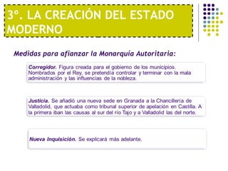 3º. LA CREACIÓN DEL ESTADO 
MODERNO 
Medidas para afianzar la Monarquía Autoritaria: 
 