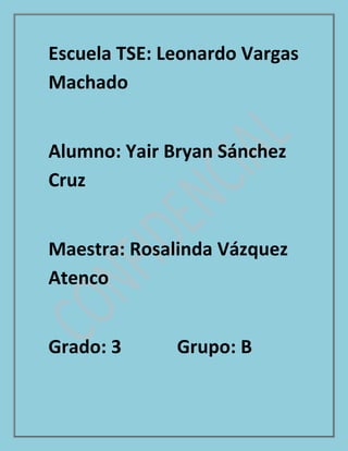 Escuela TSE: Leonardo Vargas 
Machado 
Alumno: Yair Bryan Sánchez 
Cruz 
Maestra: Rosalinda Vázquez 
Atenco 
Grado: 3 Grupo: B 
 