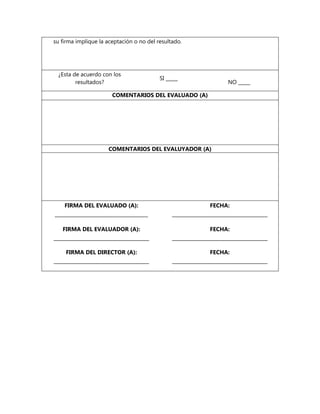 su firma implique la aceptación o no del resultado. 
¿Esta de acuerdo con los resultados? 
SI _____ 
NO _____ 
COMENTARIOS DEL EVALUADO (A) 
COMENTARIOS DEL EVALUYADOR (A) 
FIRMA DEL EVALUADO (A): _______________________________________ 
FECHA: ________________________________________ 
FIRMA DEL EVALUADOR (A): ________________________________________ 
FECHA: ________________________________________ 
FIRMA DEL DIRECTOR (A): ________________________________________ 
FECHA: ________________________________________ 
