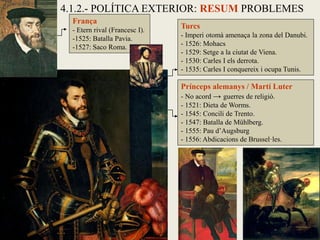 França
- Etern rival (Francesc I).
-1525: Batalla Pavia.
-1527: Saco Roma.
Turcs
- Imperi otomà amenaça la zona del Danubi.
- 1526: Mohacs
- 1529: Setge a la ciutat de Viena.
- 1530: Carles I els derrota.
- 1535: Carles I conquereix i ocupa Tunis.
Prínceps alemanys / Martí Luter
- No acord → guerres de religió.
- 1521: Dieta de Worms.
- 1545: Concili de Trento.
- 1547: Batalla de Mühlberg.
- 1555: Pau d’Augsburg
- 1556: Abdicacions de Brussel·les.
4.1.2.- POLÍTICA EXTERIOR: RESUM PROBLEMES
 