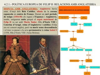 DISPUTA AMB ANGLATERRA. Anglaterra havia
estat, d’ençà dels Reis Catòlics, aliada de la corona
espanyola en contra de França. Durant un curt període
de temps (1554-58) els regnes d’Espanya i Anglaterra,
també, estigueren units perquè el segon matrimoni de
Felip II va ser amb Maria Tudor, filla d’Enric VIII i
Caterina d’Aragó, reina d’Anglaterra i catòlica (Felip
era rei consort anglès), però va morir sense descendència
i el tron va passar a la seva germanastra la reina Isabel I
(1558, filla d’Enric VIII i Anna Bolena).
4.2.1.- POLÍTICA EUROPEA DE FELIP II: RELACIONS AMB ANGLATERRA
 