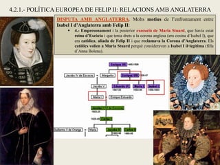 DISPUTA AMB ANGLATERRA. Molts motius de l’enfrontament entre
Isabel I d’Anglaterra amb Felip II:
 4.- Empresonament i la posterior execució de Maria Stuard, que havia estat
reina d’Escòcia i que tenia drets a la corona anglesa (era cosina d’Isabel I), que
era catòlica, aliada de Felip II i que reclamava la Corona d’Anglaterra. Els
catòlics volien a Maria Stuard perquè consideraven a Isabel I il·legítima (filla
d’Anna Bolena).
4.2.1.- POLÍTICA EUROPEA DE FELIP II: RELACIONS AMB ANGLATERRA
 