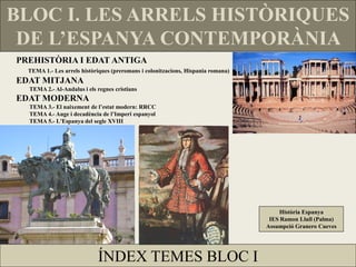 BLOC I. LES ARRELS HISTÒRIQUES
DE L’ESPANYA CONTEMPORÀNIA
PREHISTÒRIA I EDAT ANTIGA
TEMA 1.- Les arrels històriques (preromans i colonitzacions, Hispania romana)
EDAT MITJANA
TEMA 2.- Al-Andalus i els regnes cristians
EDAT MODERNA
TEMA 3.- El naixement de l’estat modern: RRCC
TEMA 4.- Auge i decadència de l’Imperi espanyol
TEMA 5.- L'Espanya del segle XVIII
ÍNDEX TEMES BLOC I
Història Espanya
IES Ramon Llull (Palma)
Assumpció Granero Cueves
 