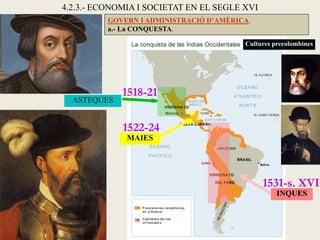 Cultures precolombines
ASTEQUES
MAIES
INQUES
1531-s. XVI
1522-24
1518-21
4.2.3.- ECONOMIA I SOCIETAT EN EL SEGLE XVI
GOVERN I ADMINISTRACIÓ D’AMÈRICA.
a.- La CONQUESTA.
 