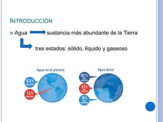 INTRODUCCIÓN
 Agua sustancia más abundante de la Tierra
tres estados: sólido, líquido y gaseoso
 