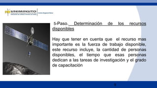 9
º5-Paso. Determinación de los recursos
disponibles
Hay que tener en cuenta que el recurso mas
importante es la fuerza de trabajo disponible,
este recurso incluye, la cantidad de personas
disponibles, el tiempo que esas personas
dedican a las tareas de investigación y el grado
de capacitación
 
