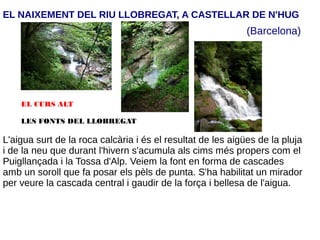 EL NAIXEMENT DEL RIU LLOBREGAT, A CASTELLAR DE N'HUG
(Barcelona)
EL CURS ALT
LES FONTS DEL LLOBREGAT
L'aigua surt de la roca calcària i és el resultat de les aigües de la pluja
i de la neu que durant l'hivern s'acumula als cims més propers com el
Puigllançada i la Tossa d'Alp. Veiem la font en forma de cascades
amb un soroll que fa posar els pèls de punta. S'ha habilitat un mirador
per veure la cascada central i gaudir de la força i bellesa de l'aigua.
 