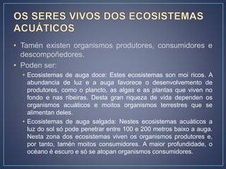 • Tamén existen organismos produtores, consumidores e
descompoñedores.
• Poden ser:
• Ecosistemas de auga doce: Estes ecosistemas son moi ricos. A
abundancia de luz e a auga favorece o desenvolvemento de
produtores, como o plancto, as algas e as plantas que viven no
fondo e nas ribeiras. Desta gran riqueza de vida dependen os
organismos acuáticos e moitos organismos terrestres que se
alimentan deles.
• Ecosistemas de auga salgada: Nestes ecosistemas acuáticos a
luz do sol só pode penetrar entre 100 e 200 metros baixo a auga.
Nesta zona dos ecosistemas viven os organismos produtores e,
por tanto, tamén moitos consumidores. A maior profundidade, o
océano é escuro e só se atopan organismos consumidores.
 