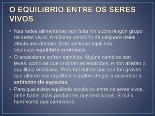 • Nas redes alimentarias non falta nin sobra ningún grupo
de seres vivos. A mínima variación de calquera deles
afecta aos demais. Este continuo equilibrio
chámase equilibrio ecolóxico.
• O ecosistema sofren cambios. Algúns cambios son
leves, como os que orixinan as estacións, e non alteran o
equilibrio ecolóxico. Pero hai outros que son tan graves
que alteran ese equilibrio e poden chegar a ocasionar a
extinción de especies.
• Para que exista equilibrio ecolóxico entre os seres vivos,
debe haber máis produtores que herbívoros. E máis
herbívoros que carnívoros
 