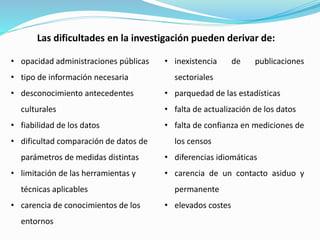 • opacidad administraciones públicas
• tipo de información necesaria
• desconocimiento antecedentes
culturales
• fiabilidad de los datos
• dificultad comparación de datos de
parámetros de medidas distintas
• limitación de las herramientas y
técnicas aplicables
• carencia de conocimientos de los
entornos
Las dificultades en la investigación pueden derivar de:
• inexistencia de publicaciones
sectoriales
• parquedad de las estadísticas​
• falta de actualización de los datos​
• falta de confianza en mediciones de
los censos​
• diferencias idiomáticas
• carencia de un contacto asiduo y
permanente​
• elevados costes
 