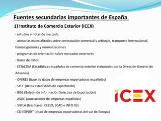 Fuentes secundarias importantes de España
1) Instituto de Comercio Exterior (ICEX)
- estudios y notas de mercado​
- asesorías especializadas sobre contratación comercial y arbitraje, transporte internacional,
homologaciones y normalizaciones​
- programas de orientación sobre mercados exteriores​
- Bases de datos​
- ESTACOM (Estadísticas españolas de comercio exterior elaboradas por la Dirección General de
Aduanas)​
- OFERES (base de datos de empresas exportadoras españolas)​
- SYCE (datos estadísticos de exportación)​
- BISE (Boletín de Información Selectiva de Exportación)​
- ASOC (asociaciones de empresas españolas)​
- SIBILA (tres bases: CELEX, SCAD e INFO 92)​
- CD-EXPORT (disco de empresas exportadoras del sur de Europa)
 
